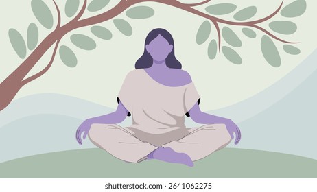 Flat vector of a faceless woman meditating in nature under a tree. Calm, peaceful atmosphere with minimal soft background for wellness and mindfulness themes.