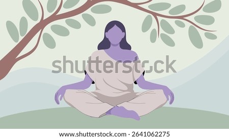 Flat vector of a faceless woman meditating in nature under a tree. Calm, peaceful atmosphere with minimal soft background for wellness and mindfulness themes.