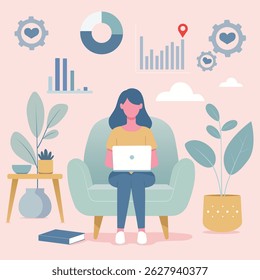Flat vector of a faceless woman working from home on a laptop, surrounded by plants and business icons. Ideal for posters, infographics, or digital workspace themes.