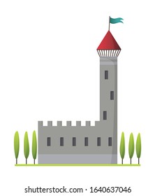Flat vector fairy tale castle. Medieval palace