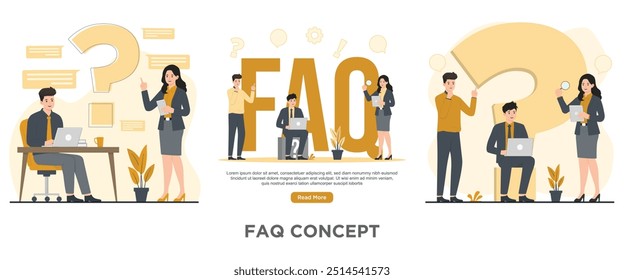 Vetor plano faq faq conceito ilustração perguntas frequentes Homem e mulher com laptop e ponto de interrogação. 