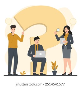 Flat vector faq faqs concept illustration frequently asked questions Man and woman with laptop and question mark. 