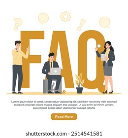 Flat vector faq faqs concept illustration frequently asked questions Man and woman with laptop and question mark. 