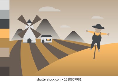 Flache Vektorlandschaft mit gelb-braunen und grauen Farben 