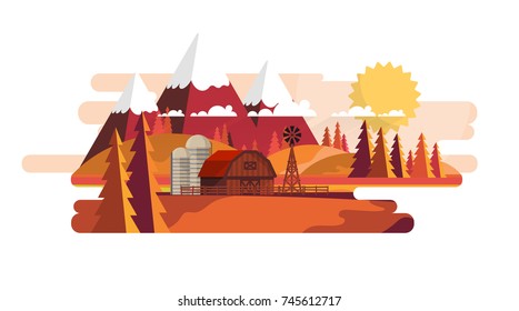 Flat Vector Farmland Landscape Illustration in Autumn. Countryside Vector Background.