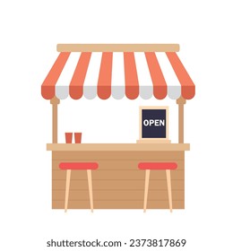 Flat vector fast food stand shop with red awning and two seat