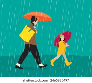Vector plano padre e hija bajo la lluvia