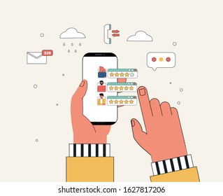 
Flat vector feedback review concept illustration . Review rating on mobile phone, online reviews five stars with good and bad rate. The hand holds the smartphone and leaves a rating and review.