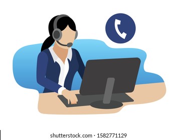 flat vector female call center operator receiving a call