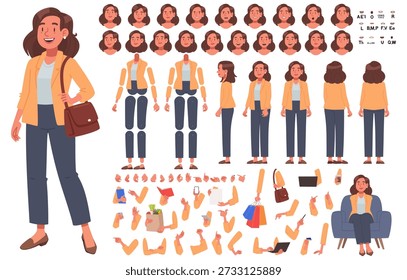 Flat vector female character constructor with multiple poses, facial expressions, emotions, hand gestures and accessories. Woman character creation kit for animation, web design, mobile apps, presentations and marketing projects
