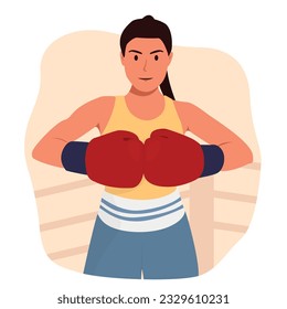 Flat Vector female character in red boxing gloves poses ready to fight