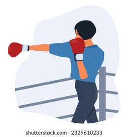 Flat Vector female character in red boxing gloves training hit