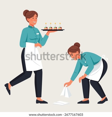 flat vector of female character as waitress food service caterer staff