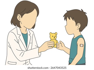 Médica de vetor plano entregando um pequeno brinquedo a um menino corajoso após sua vacinação. Pediatra que dá um brinquedo ao menino após sua imunização. Profissional de saúde entregando um pequeno presente à criança.