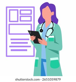 Vetor plano do médico do sexo feminino de pé com tablet e quadro de relatório em um fundo hospitalar