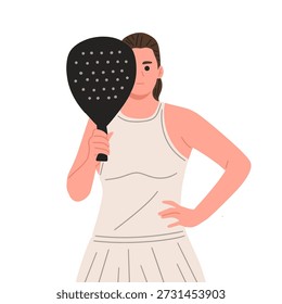 Vetor plano de uma mulher padel ou jogador de pickleball em diferentes poses de ação. Mulher segurando um remo, realizando movimentos na mão e no dorso, isolada no fundo branco. Adequado para conceitos esportivos, fitness, recreação, treinamento, promoção de torneios e design atlético moderno.