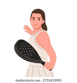 Vetor plano de uma mulher padel ou jogador de pickleball em diferentes poses de ação. Mulher segurando um remo, realizando movimentos na mão e no dorso, isolada no fundo branco. Adequado para conceitos esportivos, fitness, recreação, treinamento, promoção de torneios e design atlético moderno.