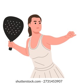 Vetor plano de uma mulher padel ou jogador de pickleball em diferentes poses de ação. Mulher segurando um remo, realizando movimentos na mão e no dorso, isolada no fundo branco. Adequado para conceitos esportivos, fitness, recreação, treinamento, promoção de torneios e design atlético moderno.