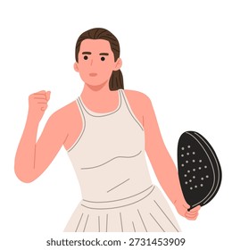 Vetor plano de uma mulher padel ou jogador de pickleball em diferentes poses de ação. Mulher segurando um remo, realizando movimentos na mão e no dorso, isolada no fundo branco. Adequado para conceitos esportivos, fitness, recreação, treinamento, promoção de torneios e design atlético moderno.