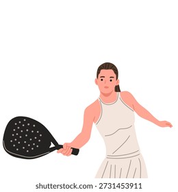 Vetor plano de uma mulher padel ou jogador de pickleball em diferentes poses de ação. Mulher segurando um remo, realizando movimentos na mão e no dorso, isolada no fundo branco. Adequado para conceitos esportivos, fitness, recreação, treinamento, promoção de torneios e design atlético moderno.