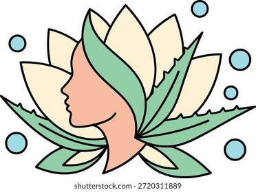 Flat vector of a female profile merged with lotus petals and aloe vera leaves, ideal for organic cosmetics, spa branding, and natural health design assets.
