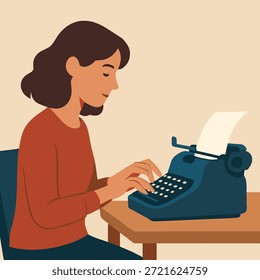 Flat vector of female writer typing on typewriter