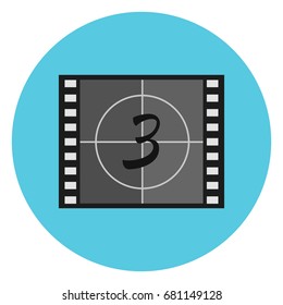 Flat vector film countdown symbol on video tape, film leader, head leader. Cinematography movie production illustration