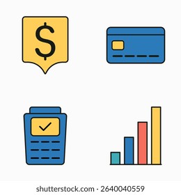 Flat vector finance icon collection with credit card, chart, payment terminal, and dollar symbol
