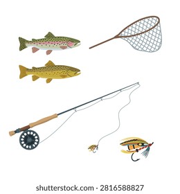 Flat vector fishing equipment and trout fish collection including rainbow trout, brown trout, landing net, fly fishing rod, and artificial flies isolated on white background