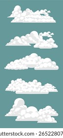 Vetor plano de cinco nuvens brancas de cúmulo fofo em várias formas e tamanhos, alinhadas verticalmente em um plano de fundo azul-escuro. Conjunto de nuvens limpo, suave e minimamente temático do céu