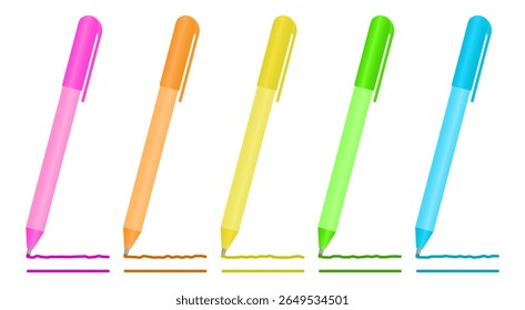 Flat vector of five-color gel pens (blue, green, yellow, orange, pink) with visible straight ink strokes.