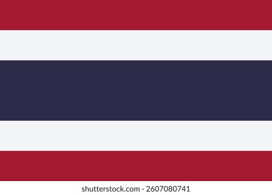 Flat vector flag of the Kingdom of Thailand, a country in Southeast Asia. Consists of five horizontal stripes: red, white, blue, white, red. The aspect ratio of the flag is 2:3. Official symbol.