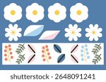 Flat vector floral collection with daisy flowers and leaf dividers on a blue background. Decorative elements for digital or print use.