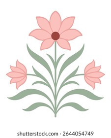Flat Vector Floral Illustration with Pink Stylized Flowers and Green Leaves. Botanical Flower vector Illustration.