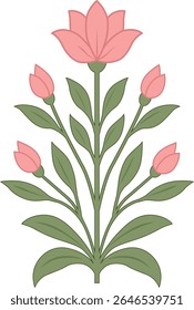 Flat Vector Floral Illustration with Pink Stylized Flowers and Green Leaves. Botanical Flower vector Illustration.