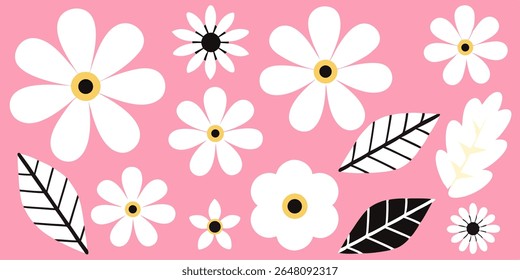 Flat vector floral set on pink background with white, black, and yellow flowers and leaves. Decorative spring-themed design.