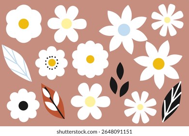 Vetor plano conjunto floral com flores brancas, amarelas e pretas em um fundo marrom-avermelhado. Design botânico decorativo.