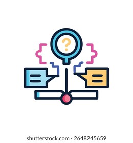 Flat vector flowchart illustration depicting a problem solving process with colorful pink, blue and gold elements against a White Background.