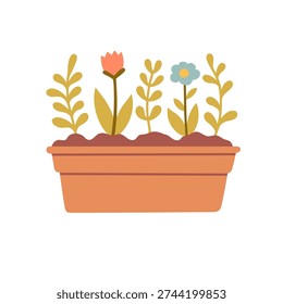 Flat vector flower box with blooming plants and leaves. Minimal garden container illustration isolated on light background for spring, landscaping and home decor themes