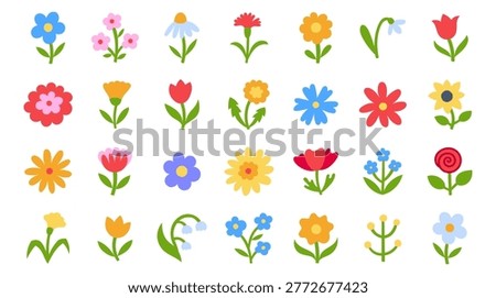 Flat vector flower icon set, naive Scandinavian folk art. Colorful collection of hand drawn field blossoms - rose, tulip, sunflower, daisy, poppy. Simple illustrations floral decor, botanical elements