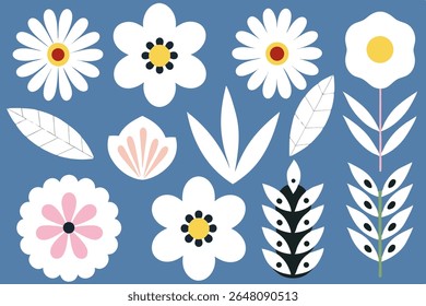 Flat vector flower and leaf pack on muted blue background with cream, yellow, and pink flowers. Nature-inspired minimalist design.