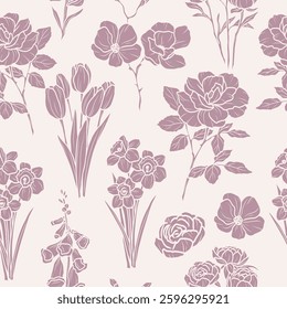 Flat vector flowers branches seamless pattern