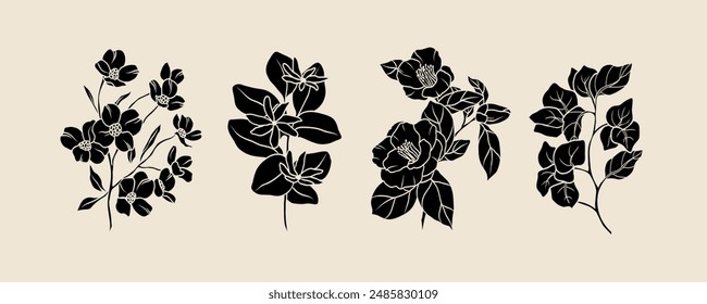 Flat vector flowers collection. Botanical illustration