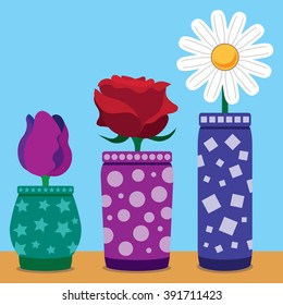 Flat vector flowers in colorfully decorated vases