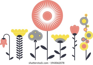 Flat vector flowers in a folk style. 