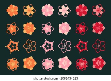 Flat vector flowers of pink, red, orange and yellow Japanese sakura tree on a dark background, spring and summer decoration