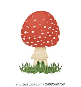Flat Vector Fly Agaric Icon Closeup Isolated. Cartoon Fly Agaric Mushroom with Grass. Design Template, Clipart