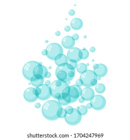 Flat vector Flying bubbles of soap suds. Underwater gas flow in water. Effervescent stream in an aquarium, soda drink or champagne. Hissing balls, foam.