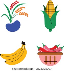 Flat vector food icon set with corn bananas chili peppers and rice