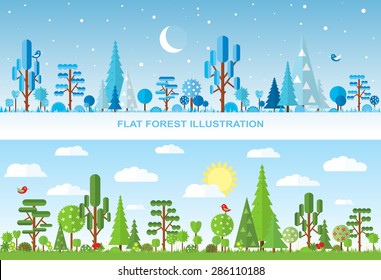 Flat Vector Forest Illustration: Winter Landscape, Summer Sunny Day